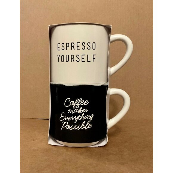 Unbrande Other - (2) Stackable Coffee Mugs - Black & White Expresso Yourself Earthenware Mugs